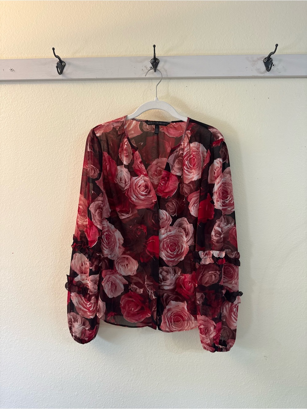 White House Black Market Sheer Rose-Print Blouse - Red, Pink
